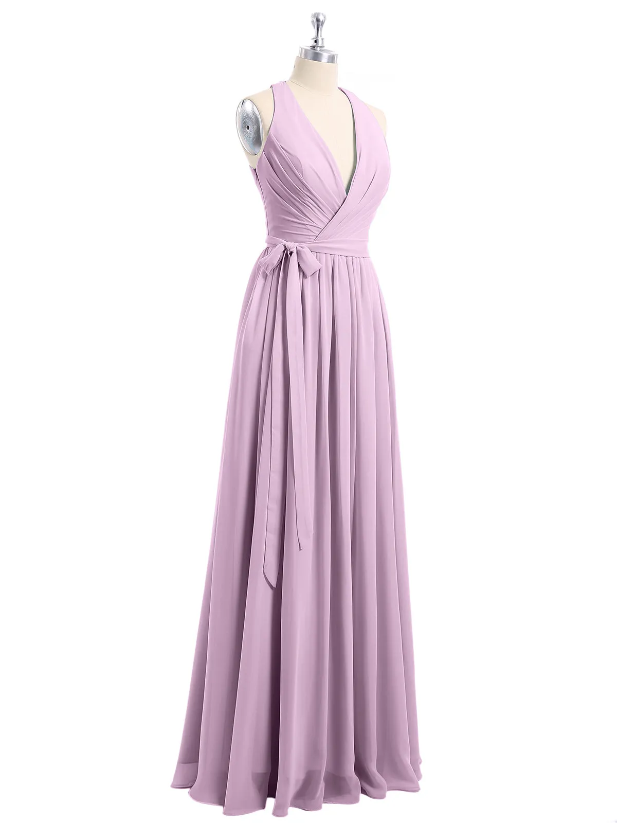 Deep V Neckline Chiffon Dress with Sash Bow Wisteria