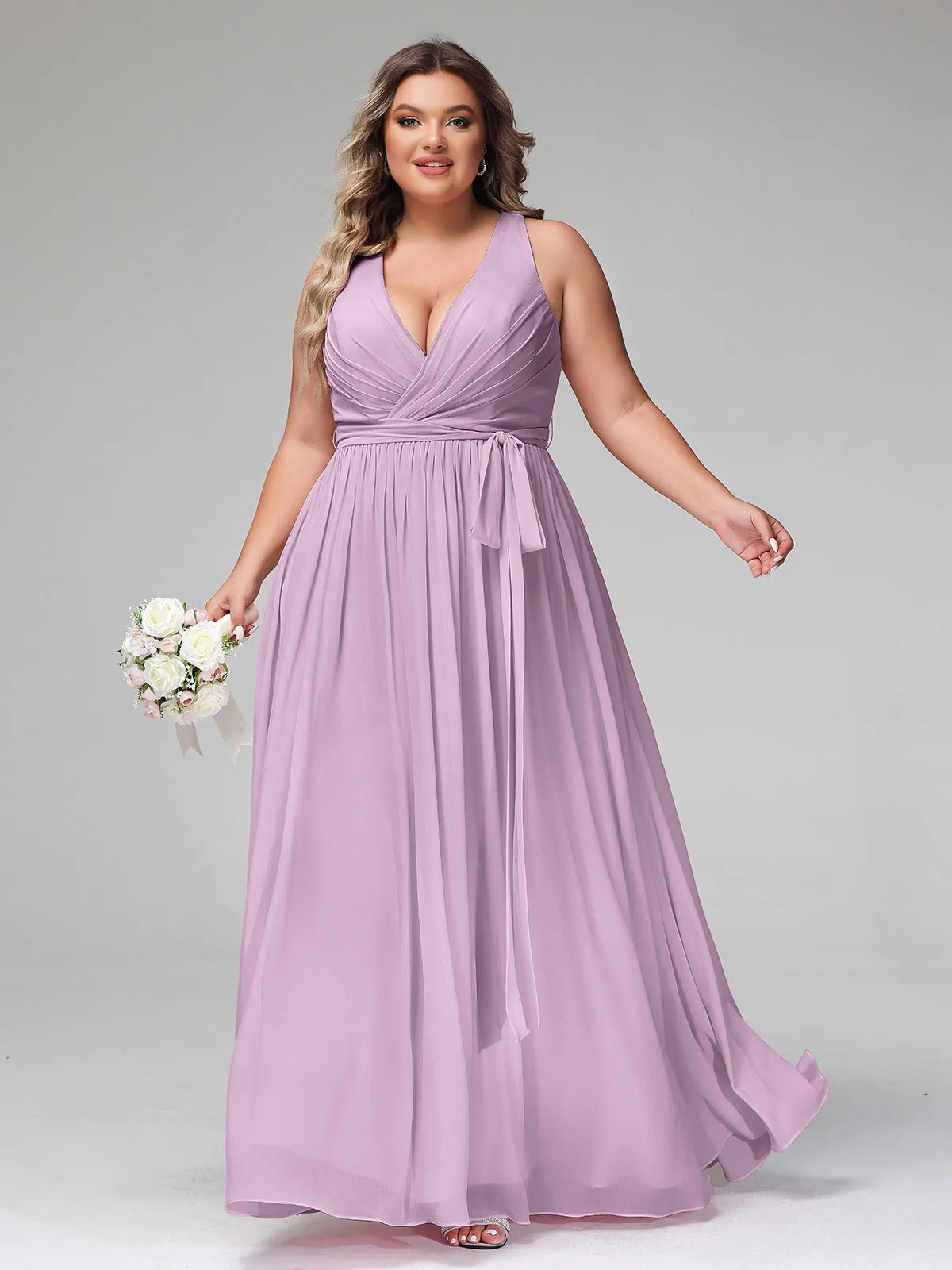 Deep V Neckline Chiffon Dress with Sash Bow Wisteria