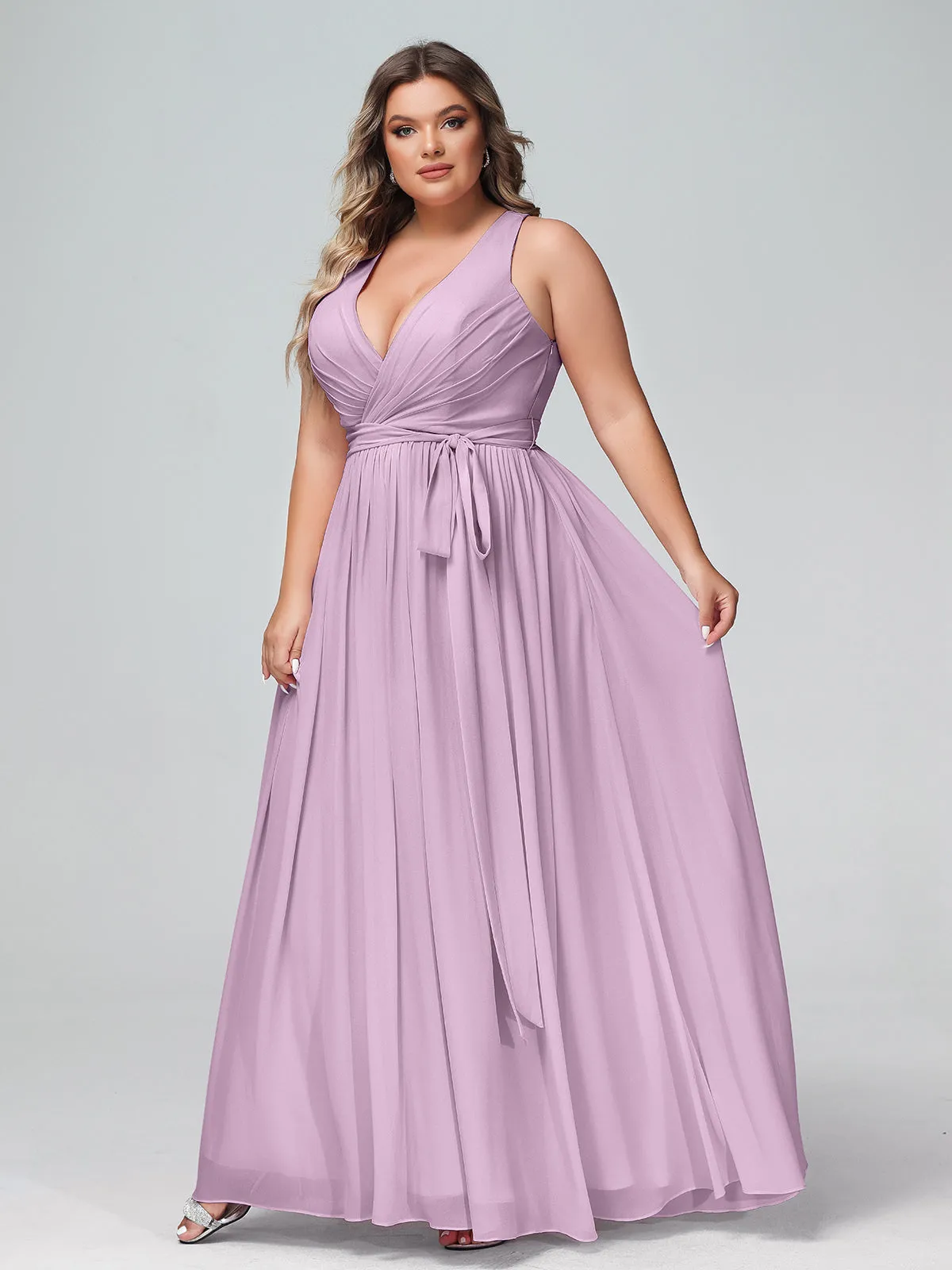 Deep V Neckline Chiffon Dress with Sash Bow Wisteria