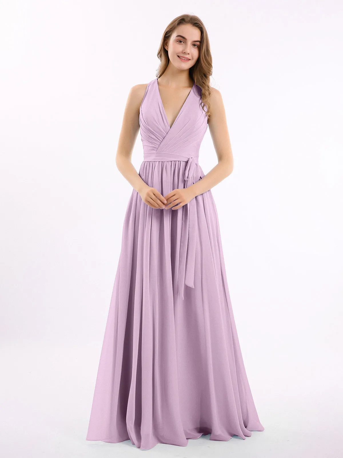 Deep V Neckline Chiffon Dress with Sash Bow Wisteria