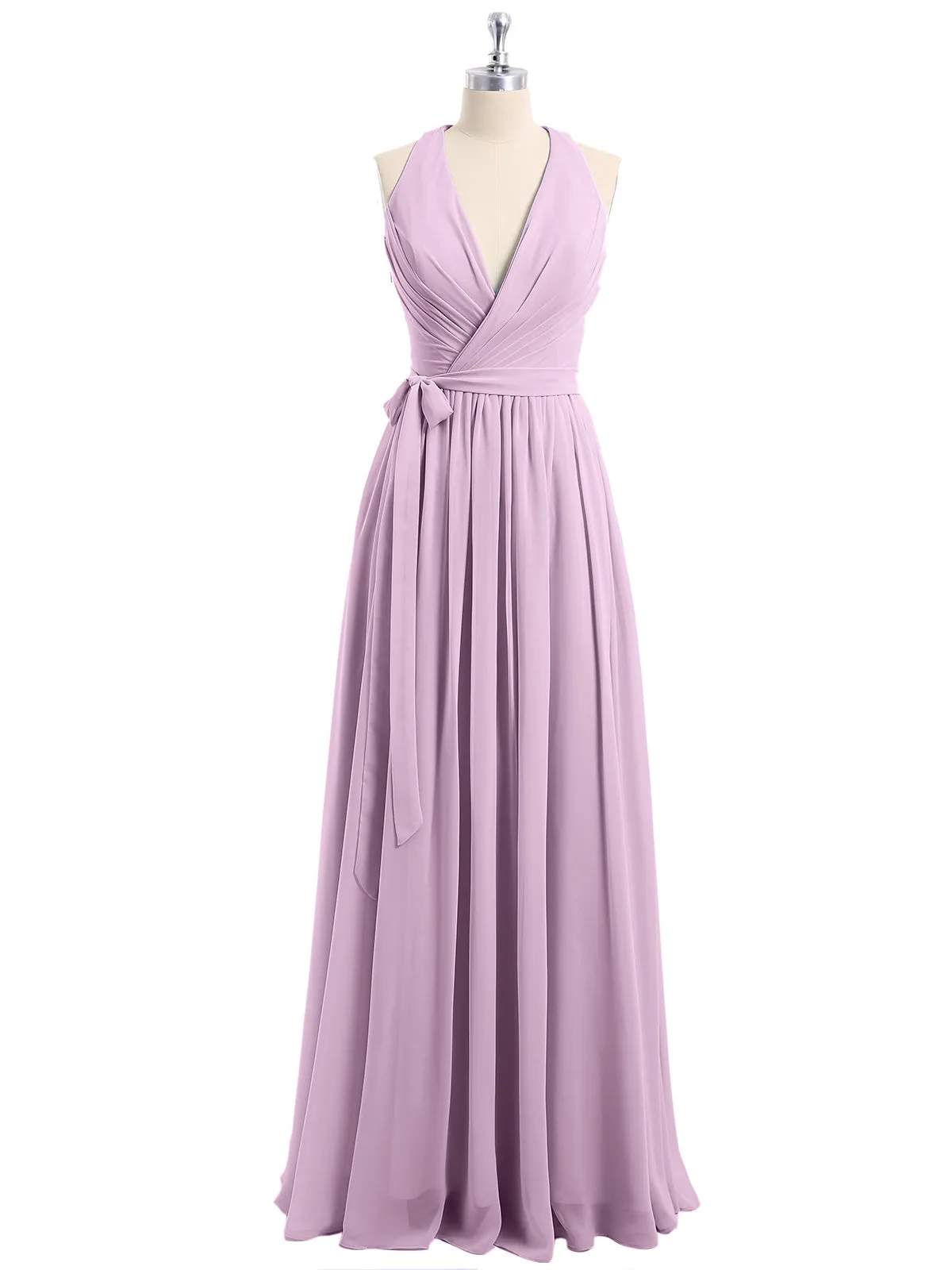 Deep V Neckline Chiffon Dress with Sash Bow Wisteria