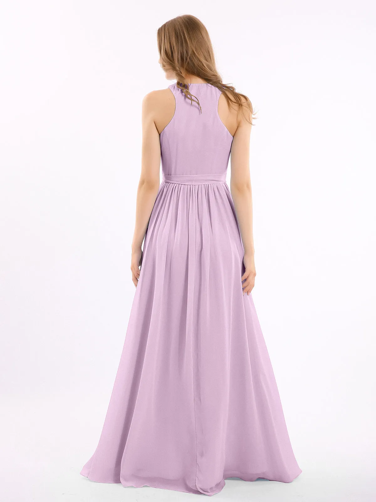 Deep V Neckline Chiffon Dress with Sash Bow Wisteria