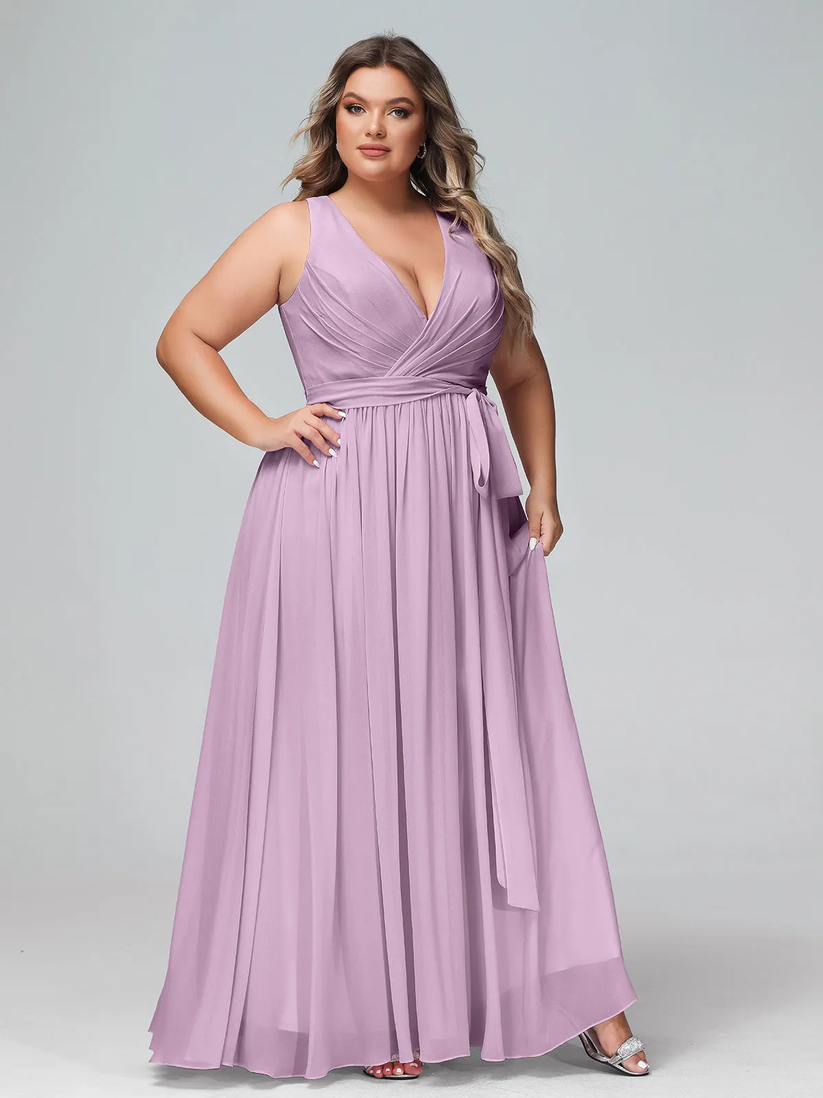 Deep V Neckline Chiffon Dress with Sash Bow Wisteria