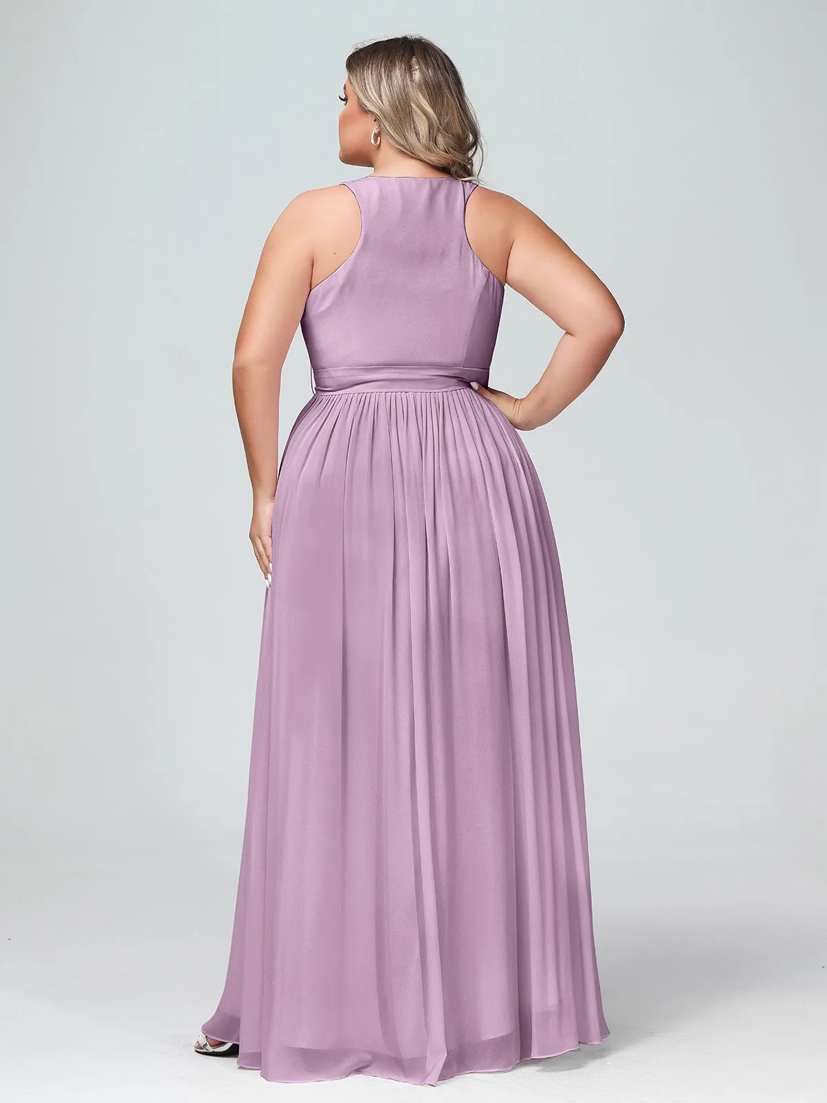 Deep V Neckline Chiffon Dress with Sash Bow Wisteria