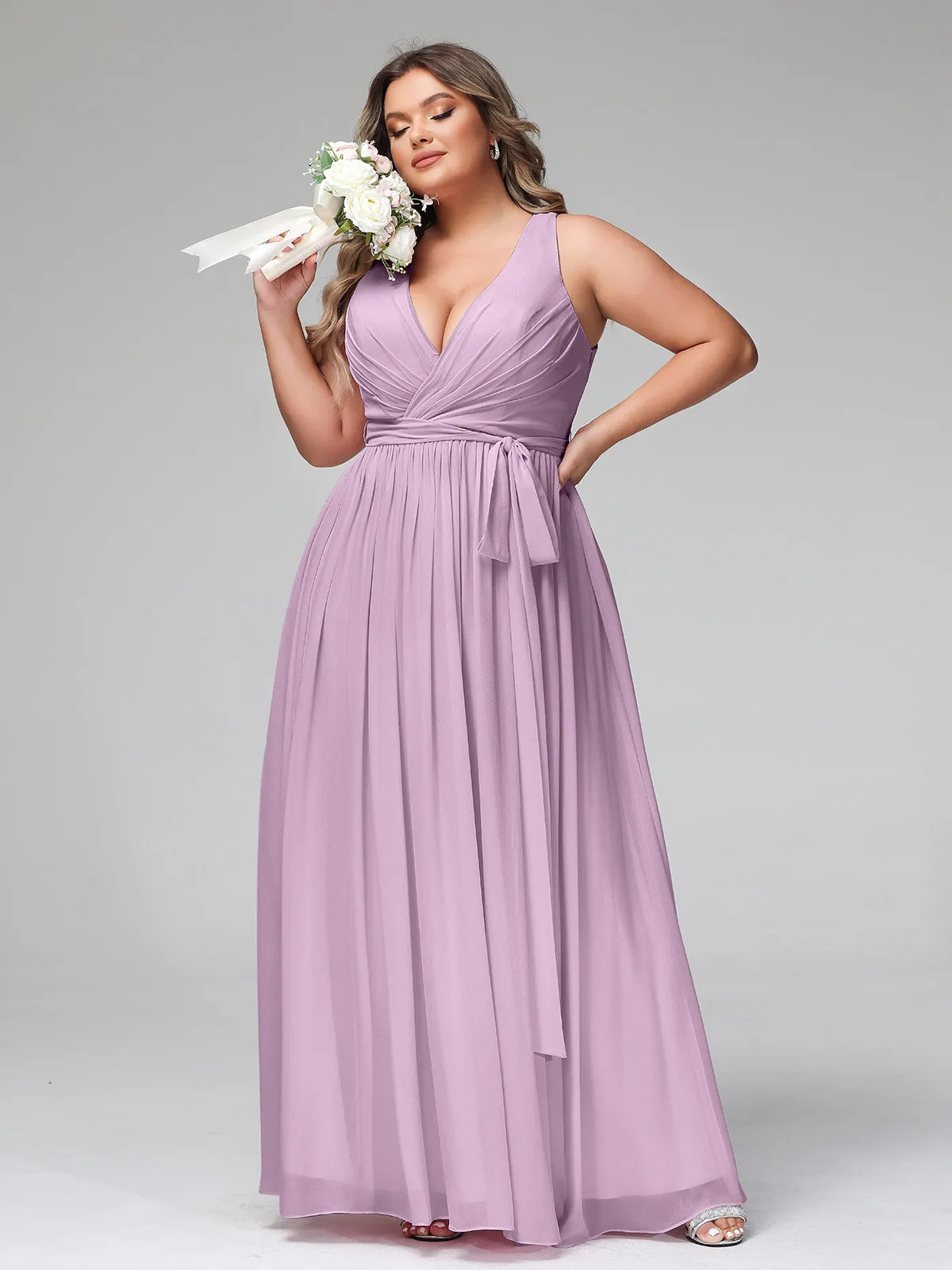 Deep V Neckline Chiffon Dress with Sash Bow Wisteria