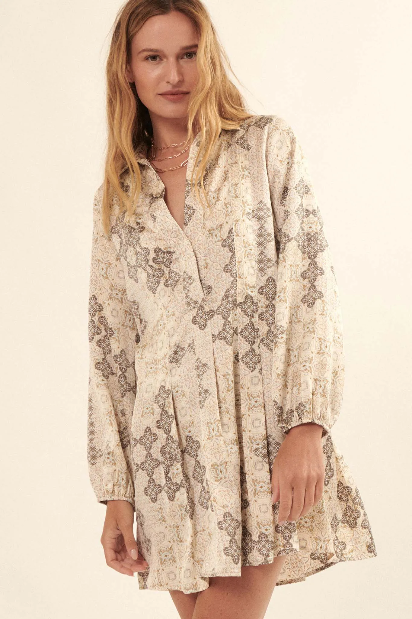 Distant Lands Tile-Print Half-Button Shift Dress