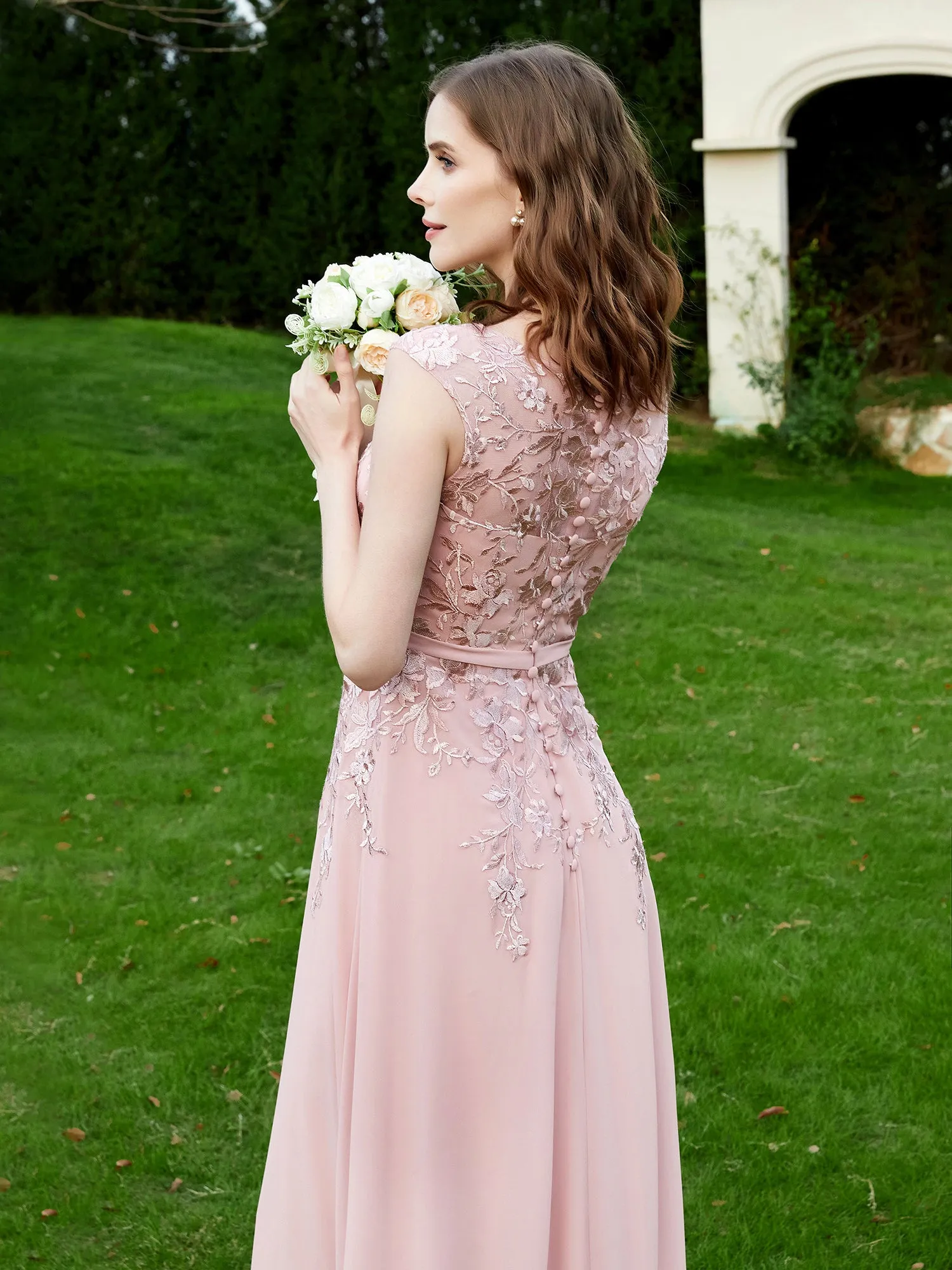 Elegant Illusion Lace Appliqued Dress With Buttons Dusty Rose