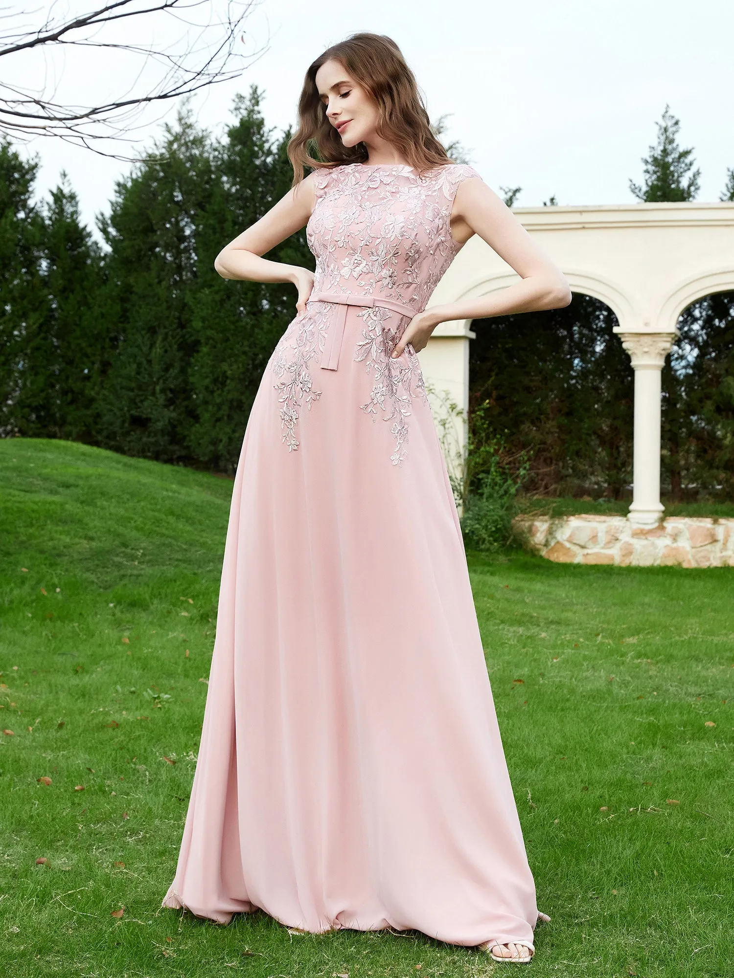 Elegant Illusion Lace Appliqued Dress With Buttons Dusty Rose