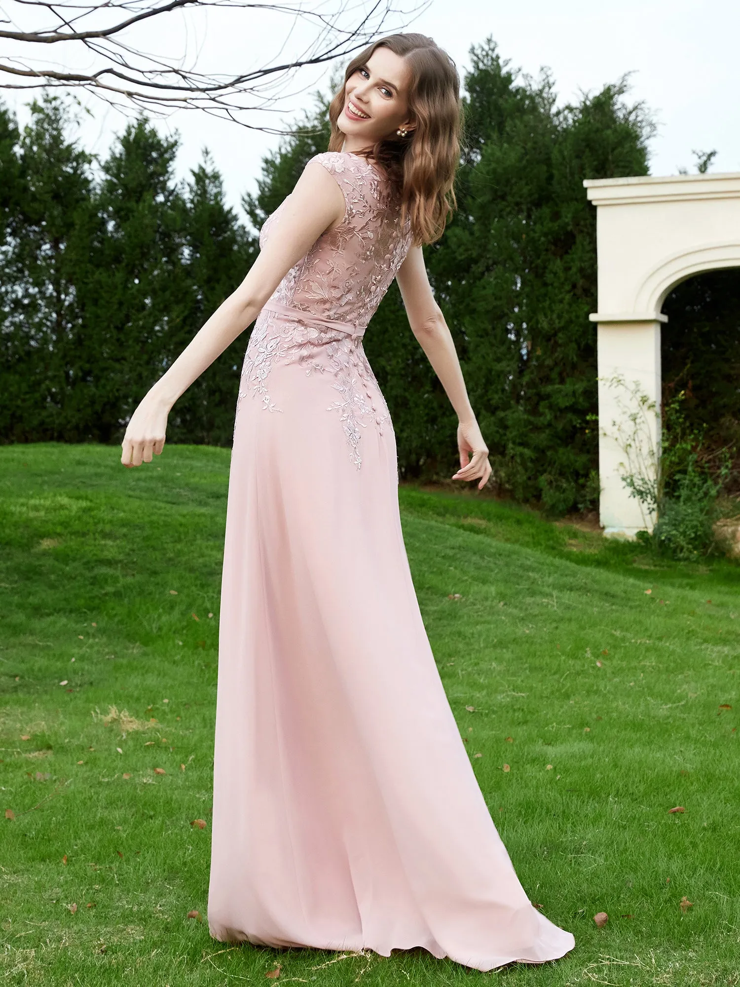 Elegant Illusion Lace Appliqued Dress With Buttons Dusty Rose