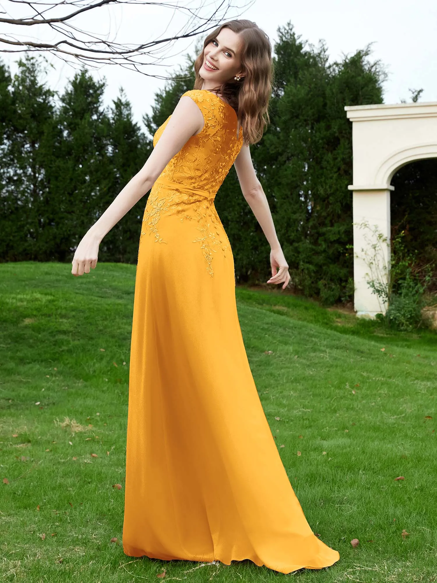 Elegant Illusion Lace Appliqued Dress With Buttons Tangerine Plus Size