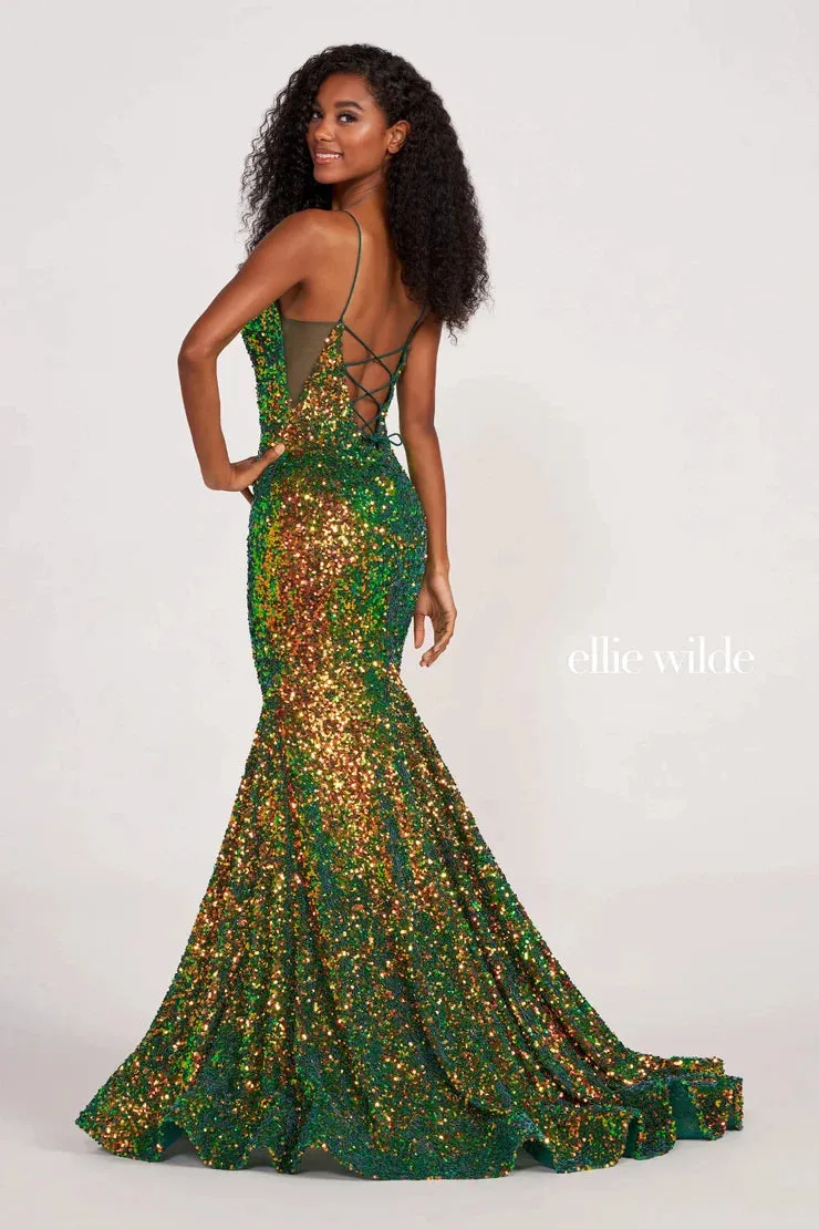 Ellie Wilde EW34016 Size 8 IRIS Long Sequin Mermaid Corset Formal Prom Dress Backless V Neck Iridescent