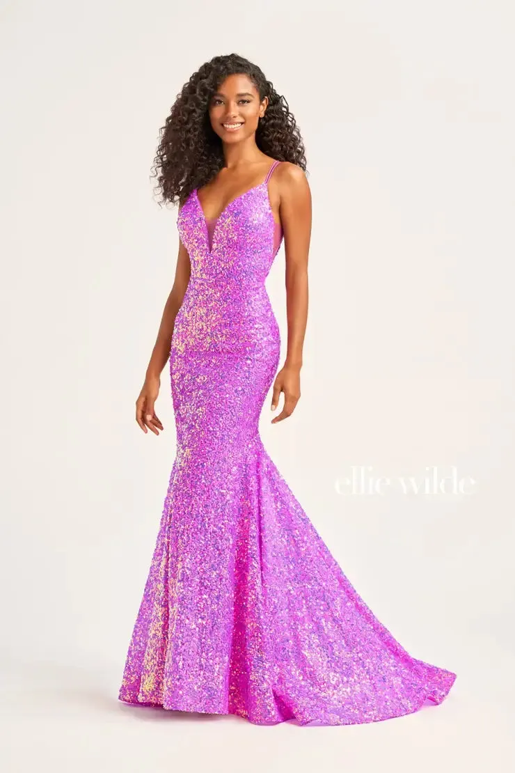 Ellie Wilde EW34016 Size 8 IRIS Long Sequin Mermaid Corset Formal Prom Dress Backless V Neck Iridescent