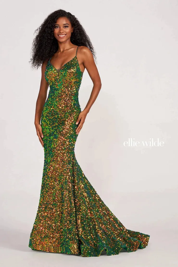 Ellie Wilde EW34016 Size 8 IRIS Long Sequin Mermaid Corset Formal Prom Dress Backless V Neck Iridescent