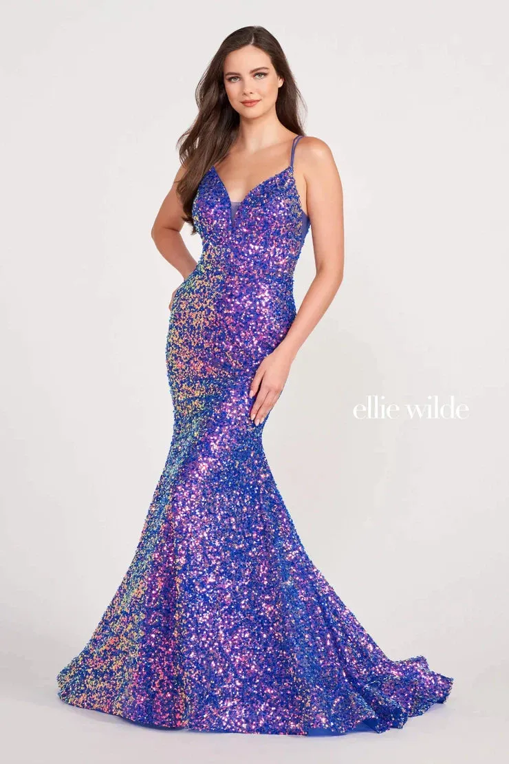 Ellie Wilde EW34016 Size 8 IRIS Long Sequin Mermaid Corset Formal Prom Dress Backless V Neck Iridescent