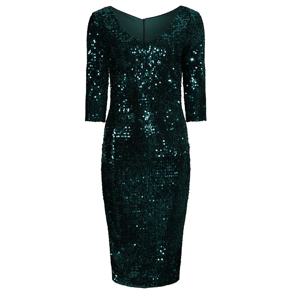 Emerald Green 3/4 Sleeve V Neck Velour Sequin Pencil Wiggle Party Dress