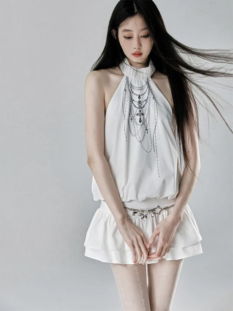 Ethereal Cascade Halter Dress And Shorts Set