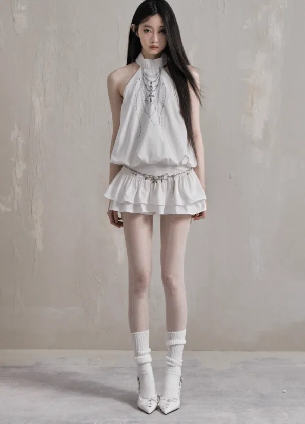 Ethereal Cascade Halter Dress And Shorts Set