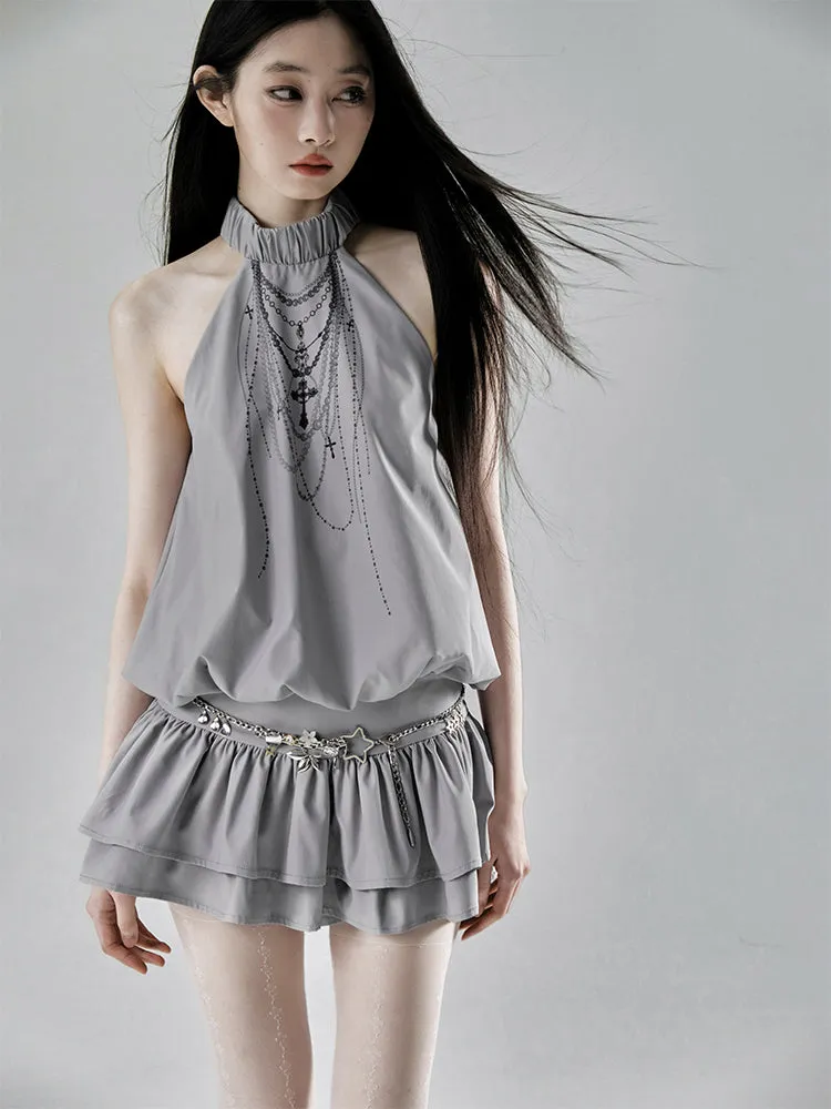 Ethereal Cascade Halter Dress And Shorts Set