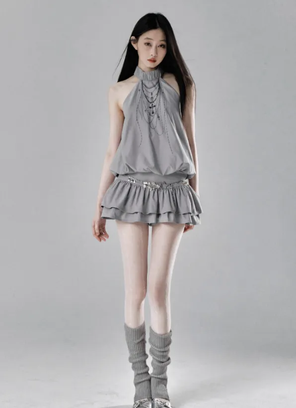 Ethereal Cascade Halter Dress And Shorts Set