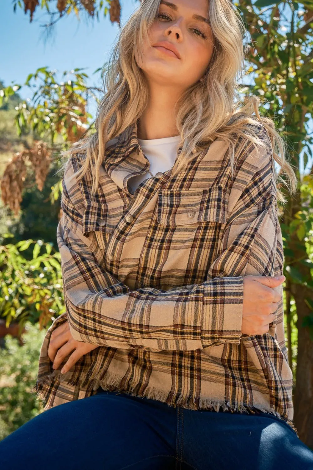 Explore More Collection - And The Why Full Size Button Up Raw Hem Plaid Shirt