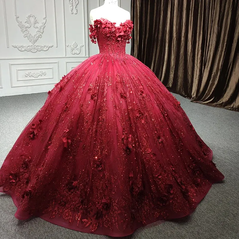 Exquisite Red Pearls Sleeveless Quinceanera Dresses 3D Appliques Party Dresses