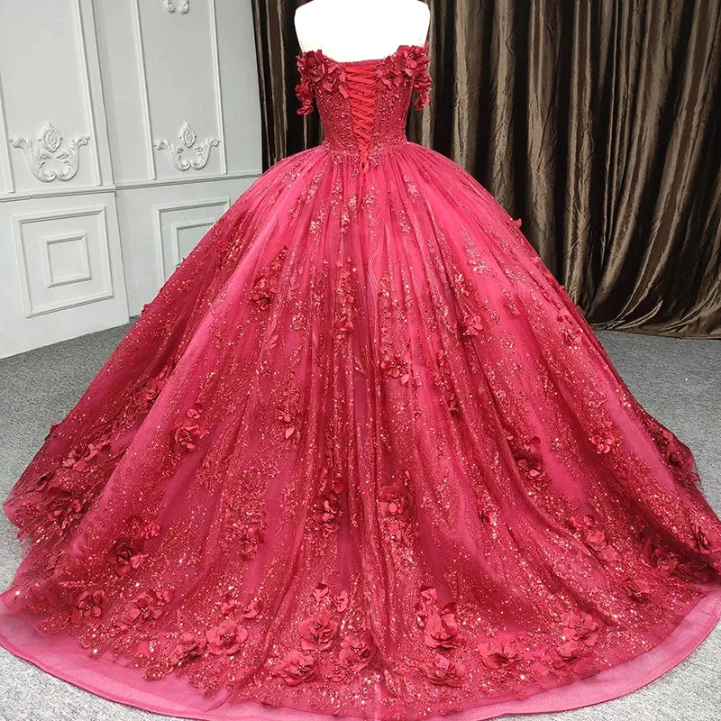 Exquisite Red Pearls Sleeveless Quinceanera Dresses 3D Appliques Party Dresses