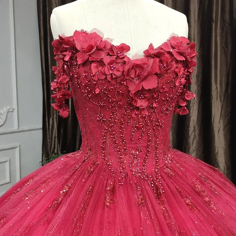 Exquisite Red Pearls Sleeveless Quinceanera Dresses 3D Appliques Party Dresses