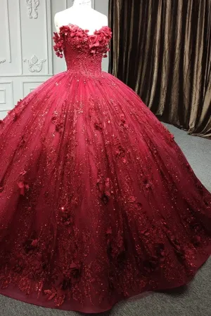 Exquisite Red Pearls Sleeveless Quinceanera Dresses 3D Appliques Party Dresses