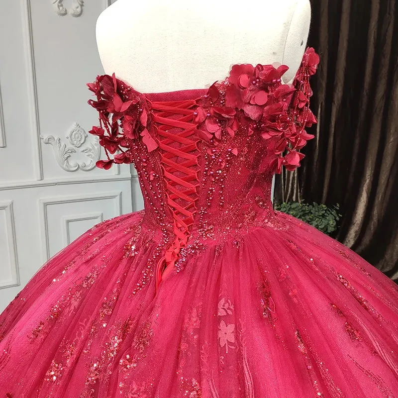 Exquisite Red Pearls Sleeveless Quinceanera Dresses 3D Appliques Party Dresses