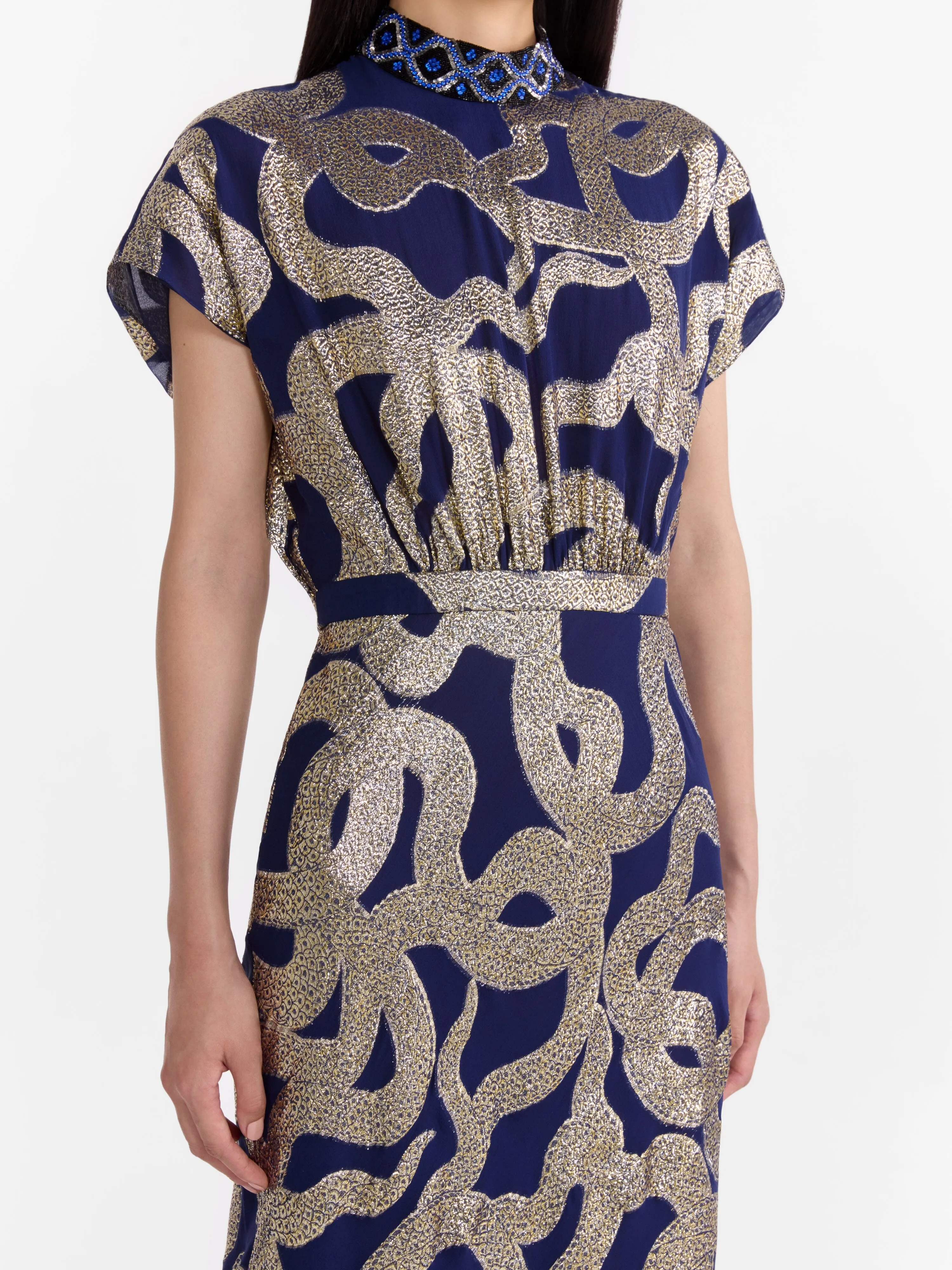 Fabienne Long C Dress in Navy Jet Adder Embroidery