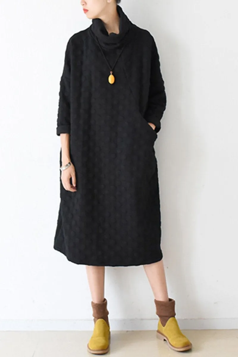 Fall Warm Black Cotton Wave Point Dresses Long Sleeve Winter Clothes