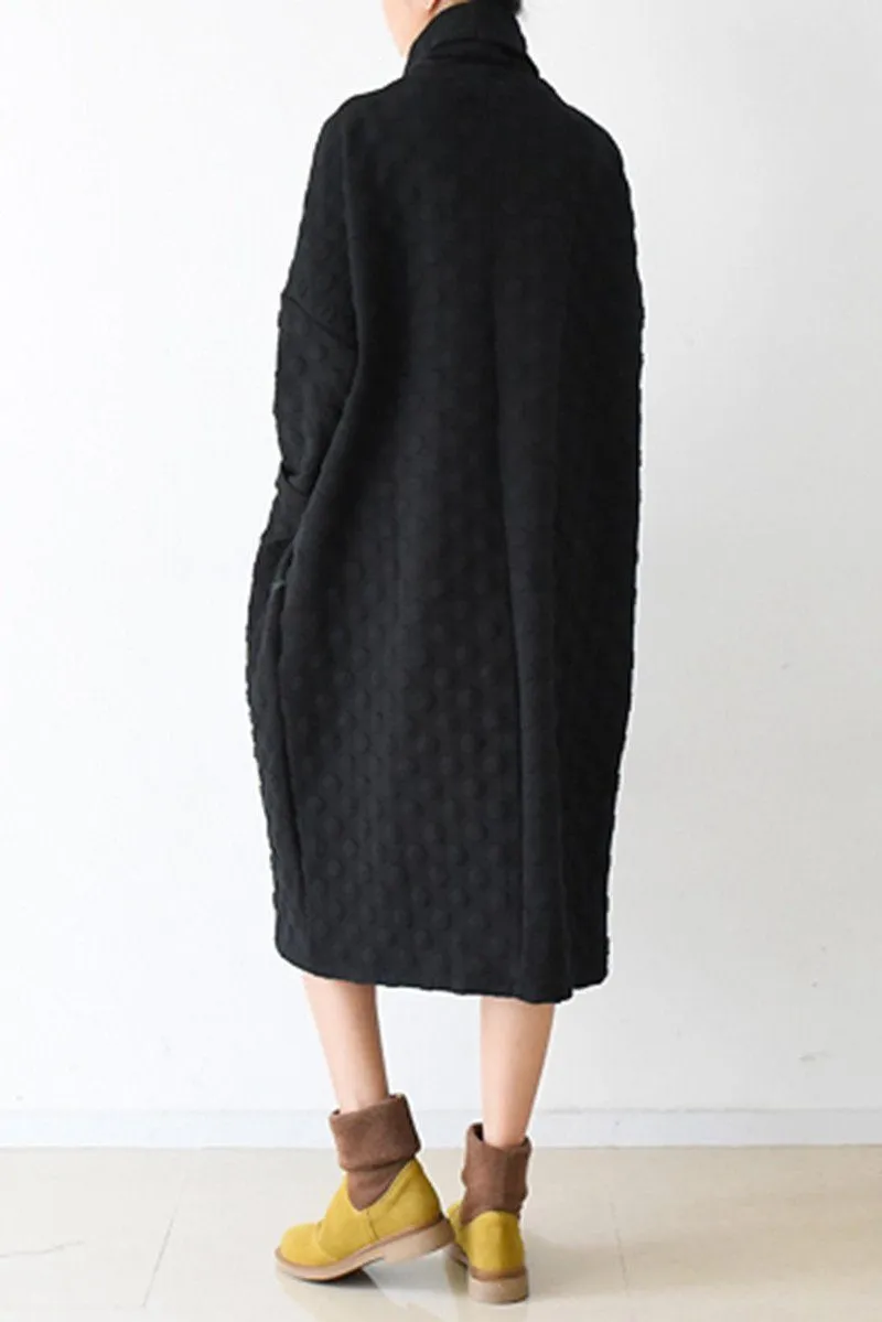 Fall Warm Black Cotton Wave Point Dresses Long Sleeve Winter Clothes