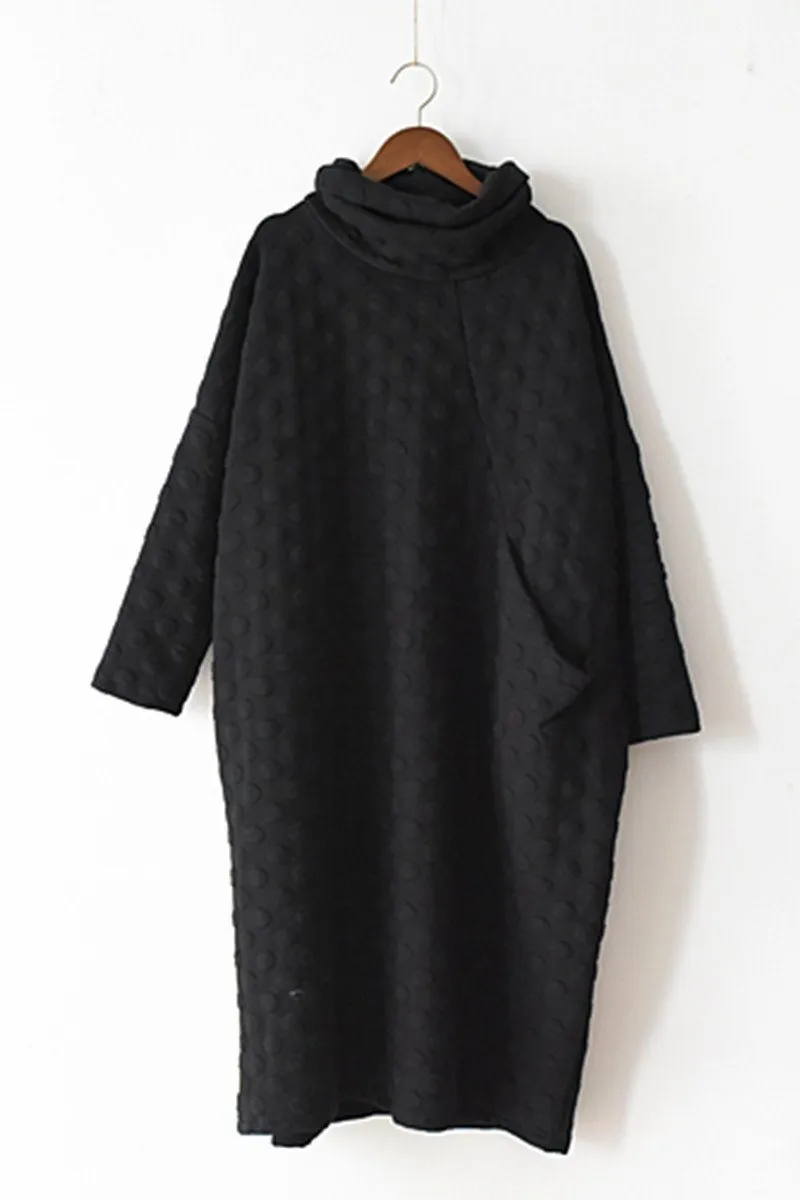 Fall Warm Black Cotton Wave Point Dresses Long Sleeve Winter Clothes