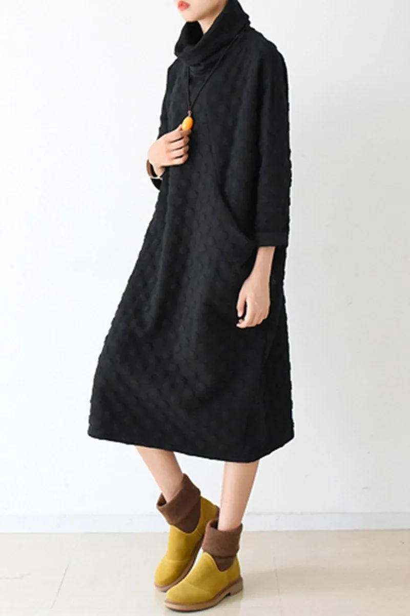 Fall Warm Black Cotton Wave Point Dresses Long Sleeve Winter Clothes