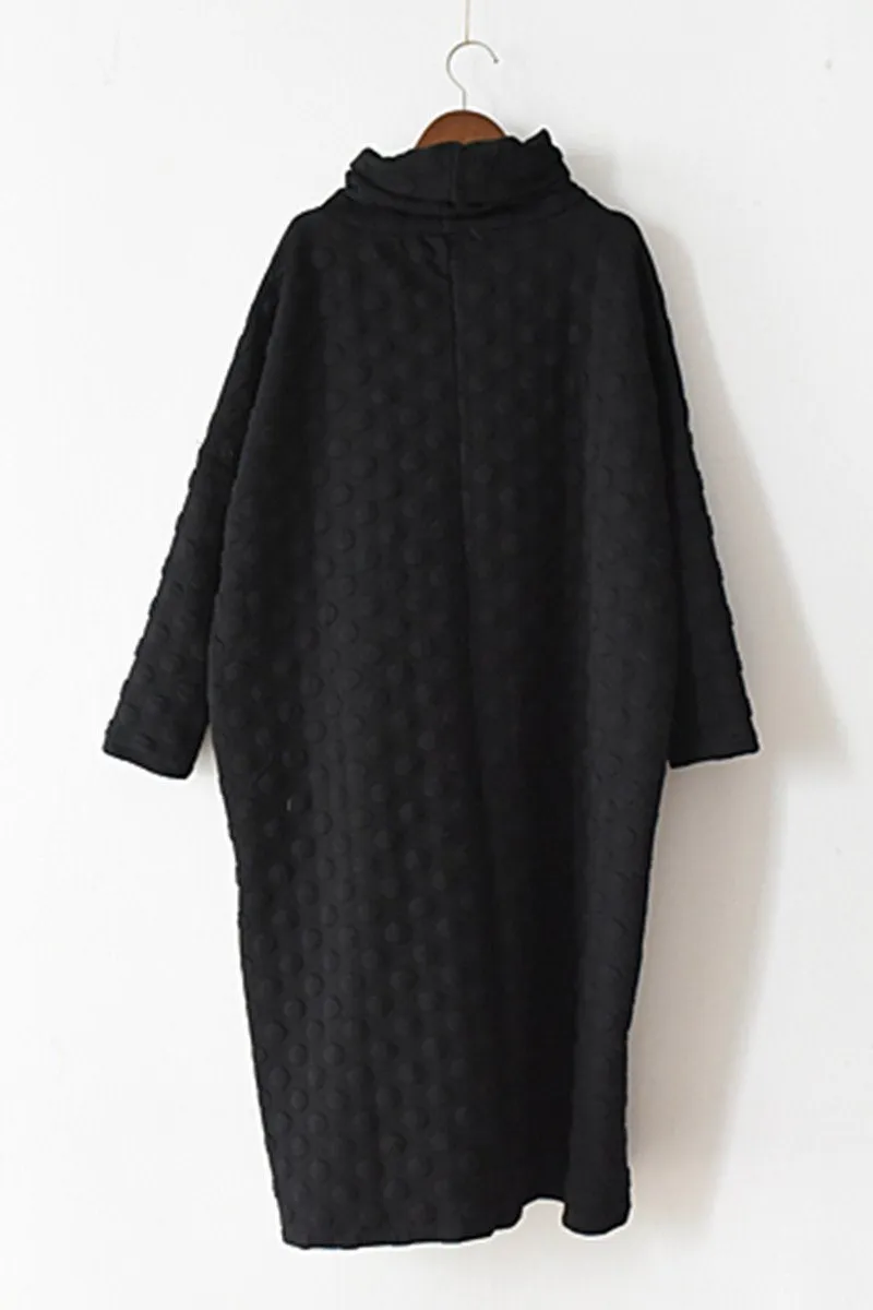 Fall Warm Black Cotton Wave Point Dresses Long Sleeve Winter Clothes