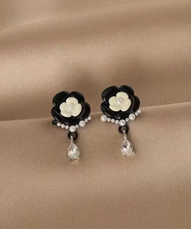 Fashion Black Alloy Pearl Crystal Floral Tassel Drop Earrings DF1018