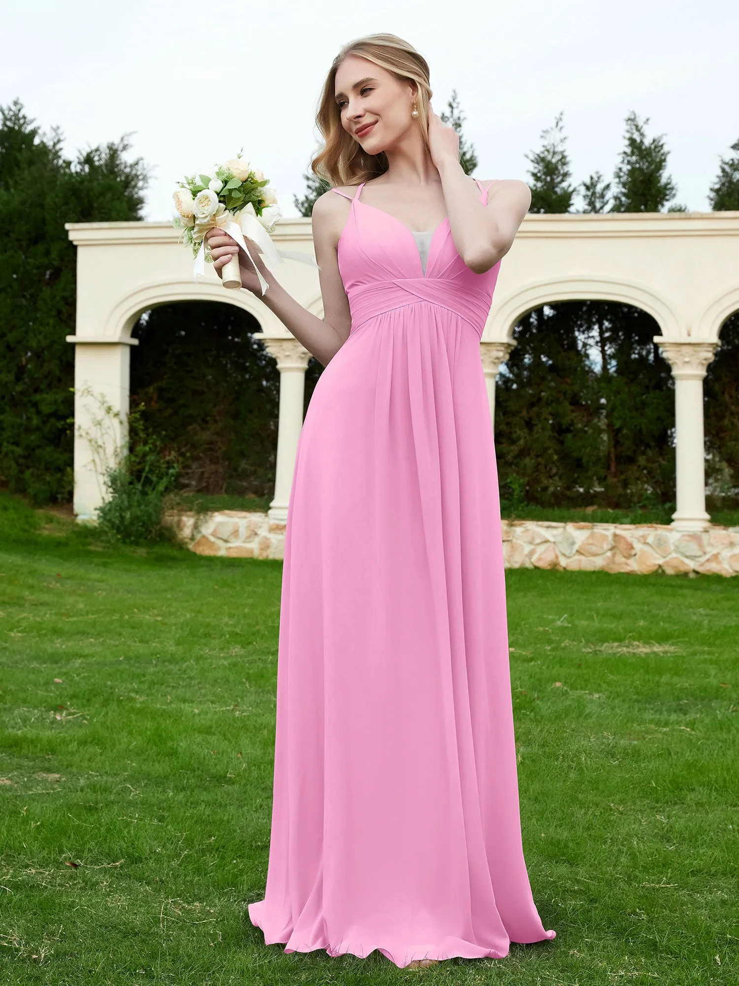 Floor Length V Neck Chiffon Bridesmaid Gown Candy Pink