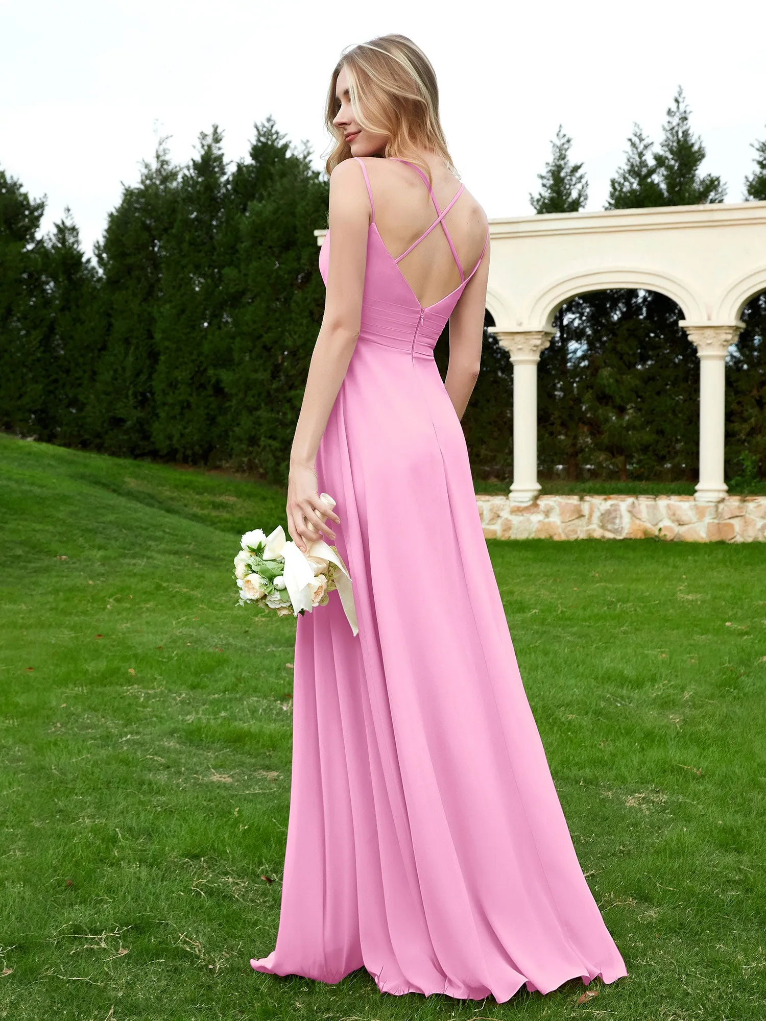 Floor Length V Neck Chiffon Bridesmaid Gown Candy Pink