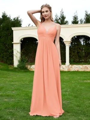 Floor Length V Neck Chiffon Bridesmaid Gown Coral