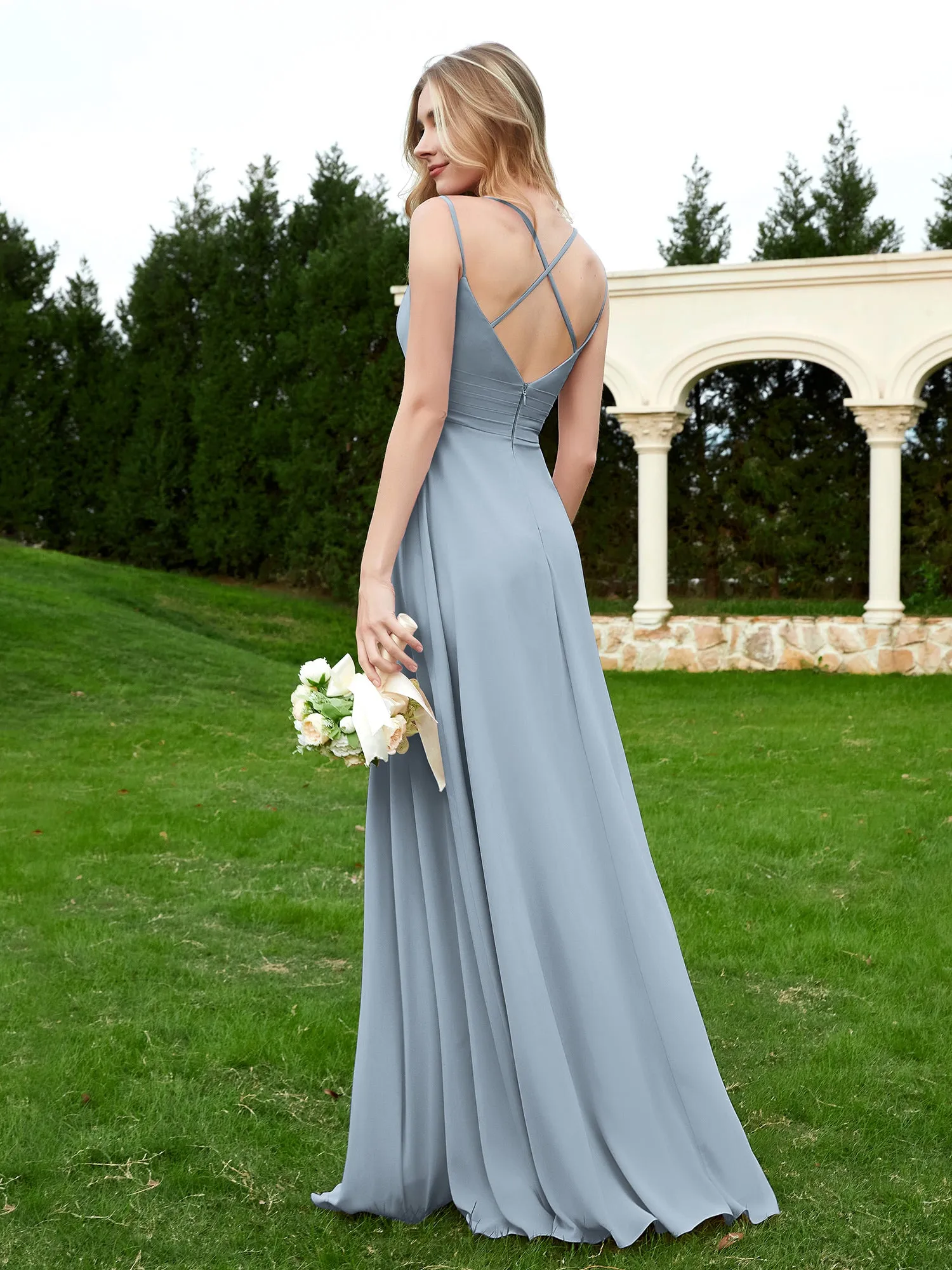 Floor Length V Neck Chiffon Bridesmaid Gown Dusty Blue