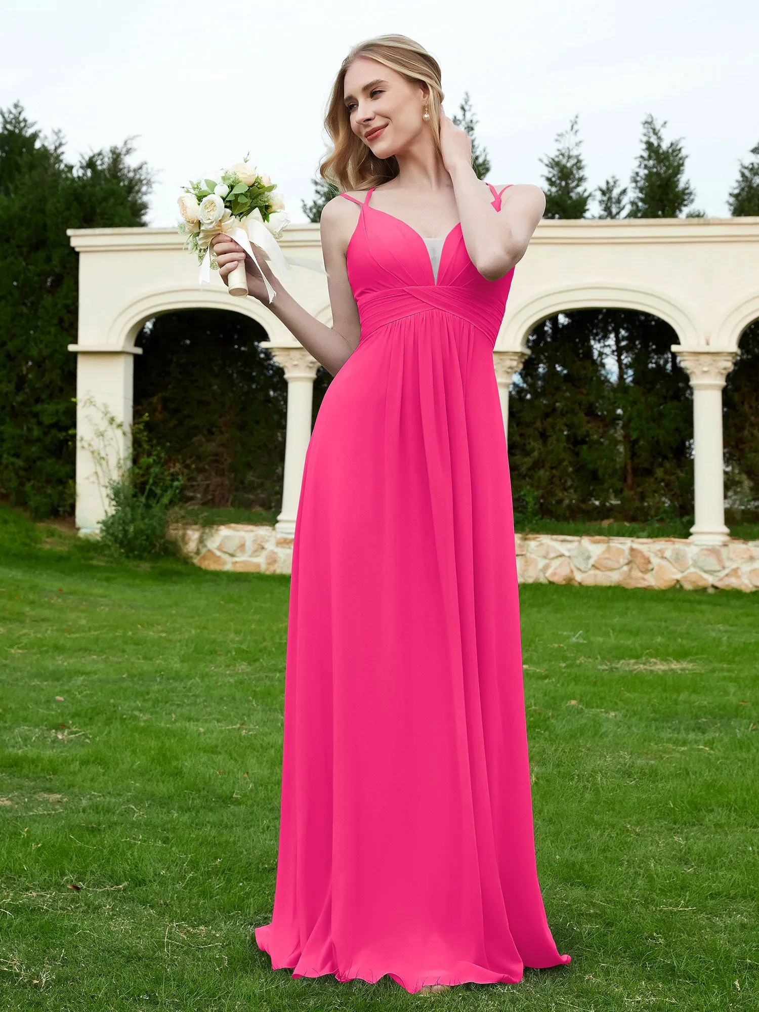 Floor Length V Neck Chiffon Bridesmaid Gown Fuchsia Plus Size