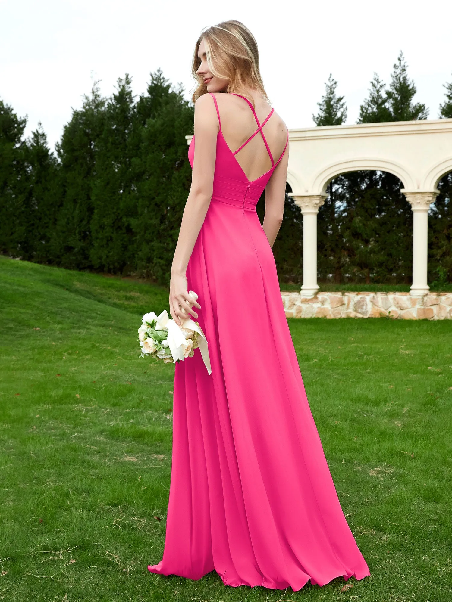 Floor Length V Neck Chiffon Bridesmaid Gown Fuchsia Plus Size