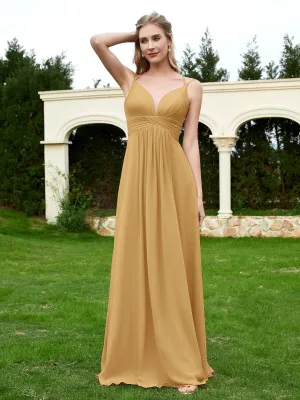 Floor Length V Neck Chiffon Bridesmaid Gown Gold