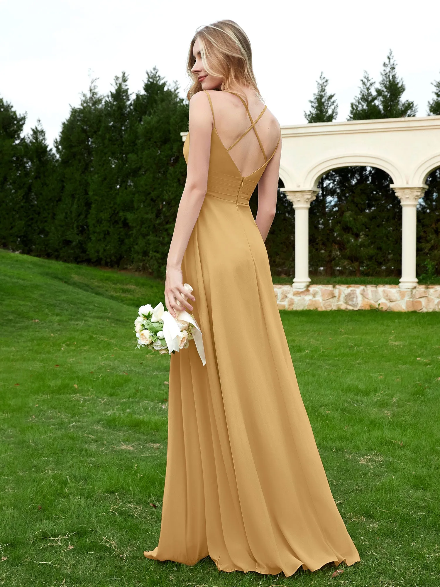 Floor Length V Neck Chiffon Bridesmaid Gown Gold