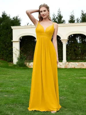 Floor Length V Neck Chiffon Bridesmaid Gown Marigold