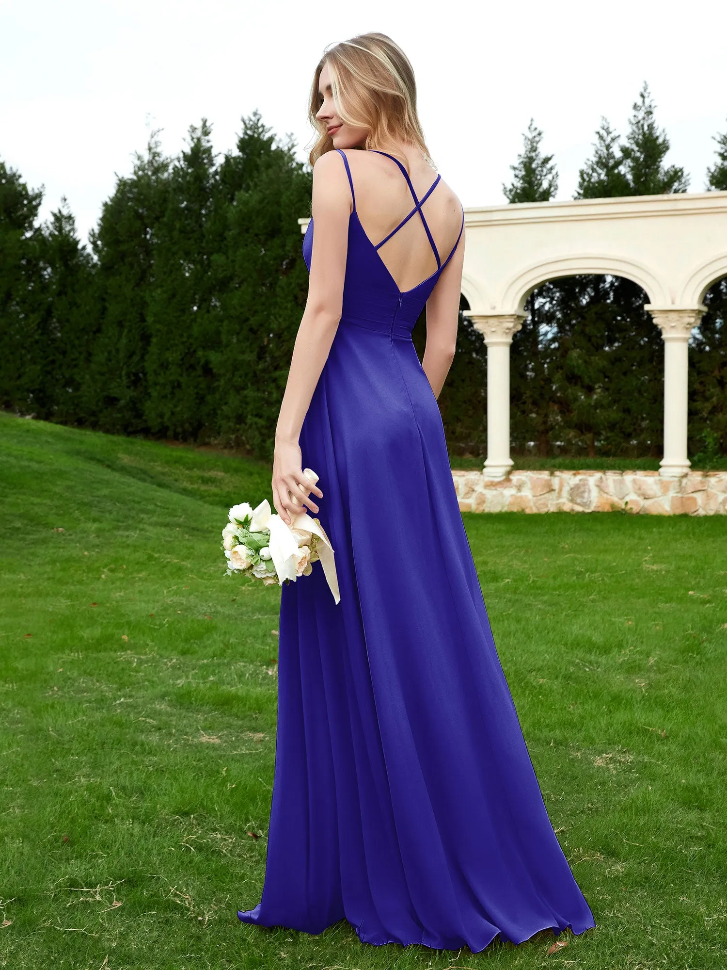 Floor Length V Neck Chiffon Bridesmaid Gown Royal Blue Plus Size