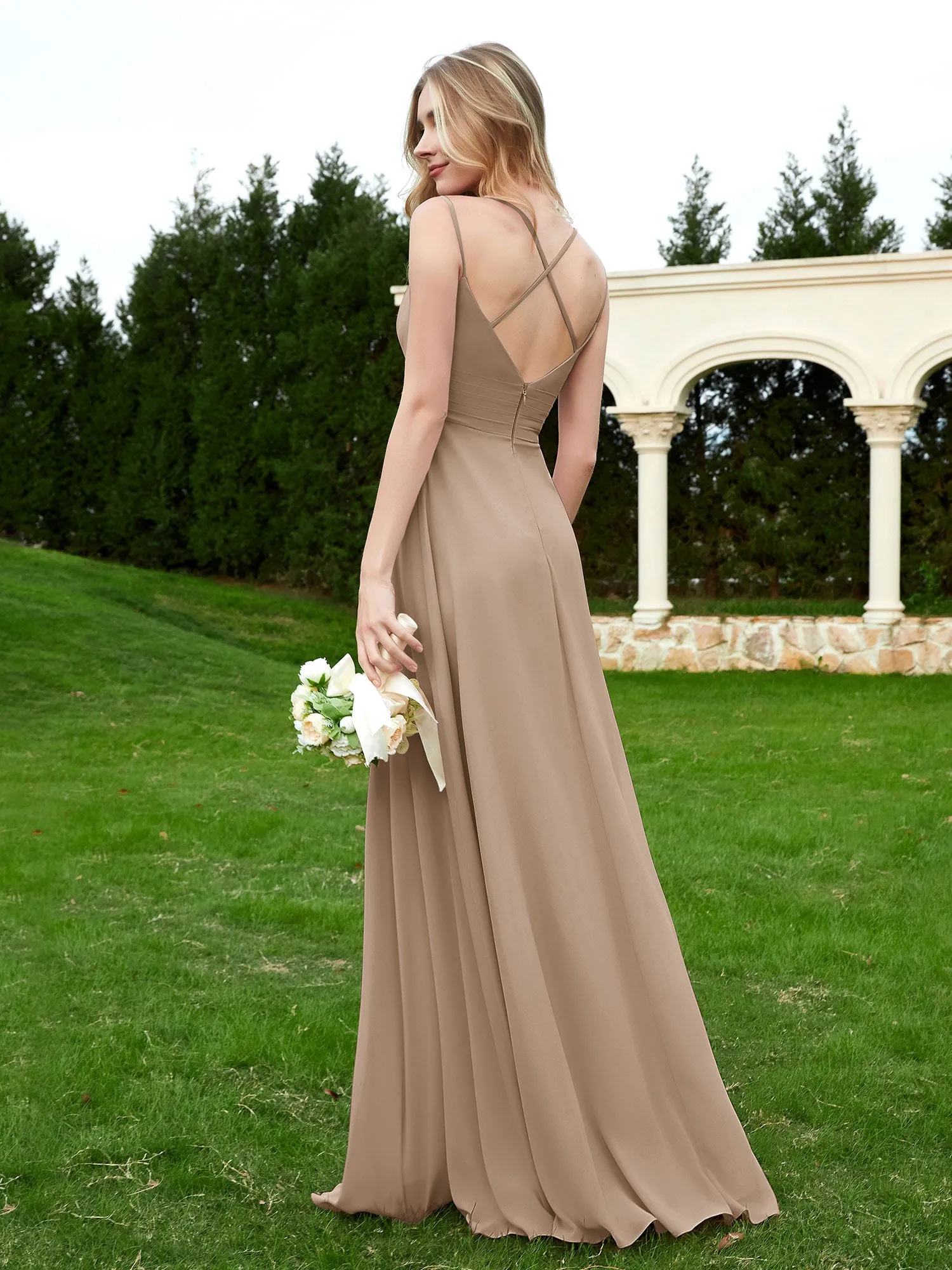 Floor Length V Neck Chiffon Bridesmaid Gown Taupe Plus Size