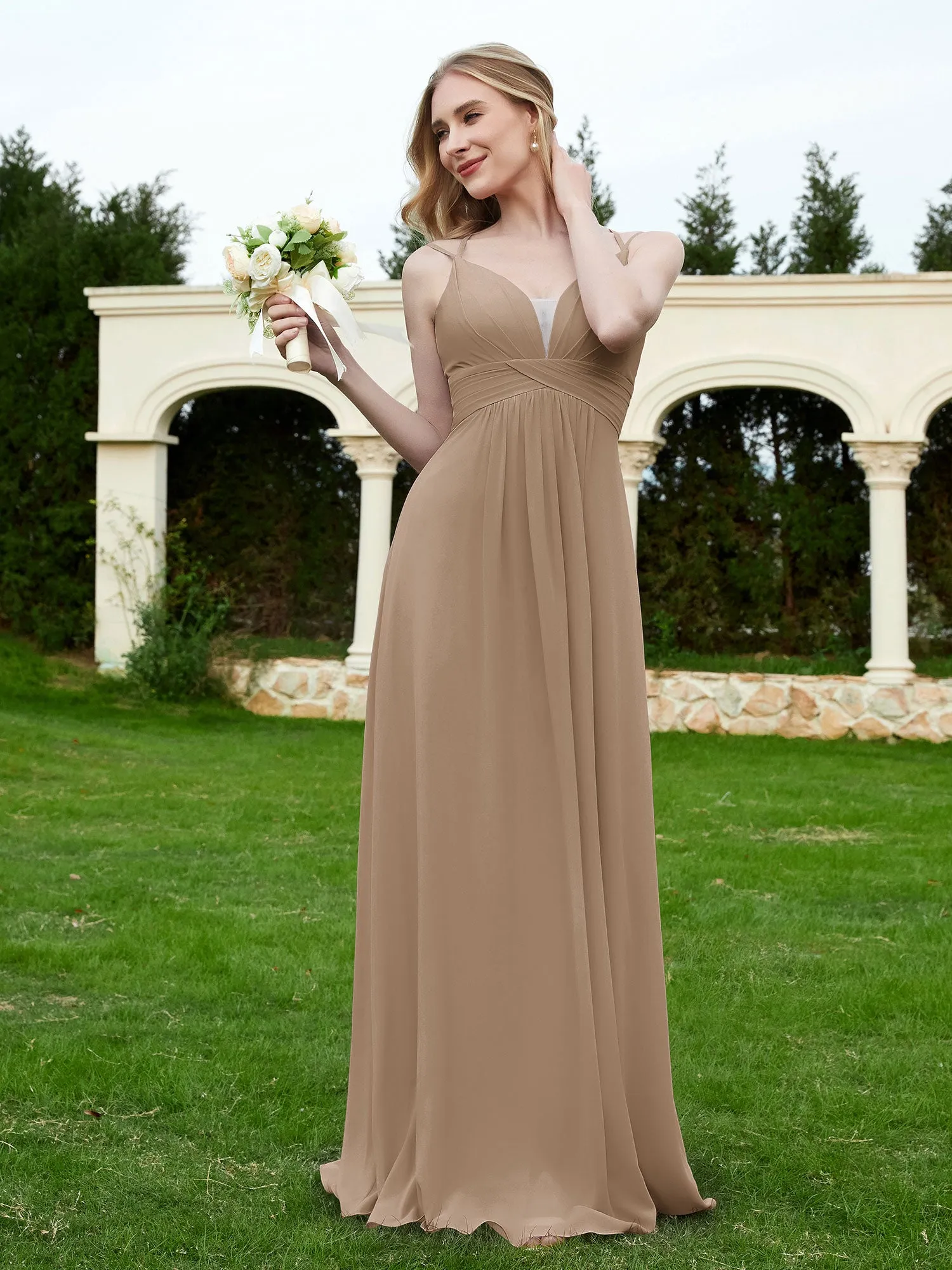 Floor Length V Neck Chiffon Bridesmaid Gown Taupe Plus Size