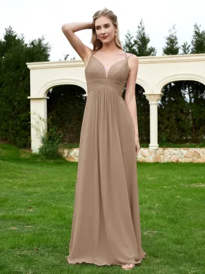 Floor Length V Neck Chiffon Bridesmaid Gown Taupe Plus Size