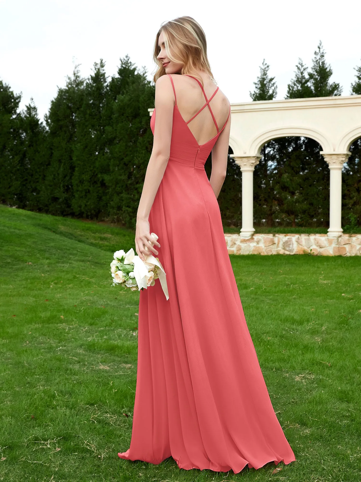 Floor Length V Neck Chiffon Bridesmaid Gown Watermelon Plus Size